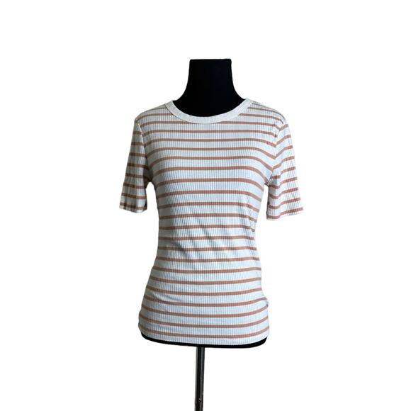 A New Day white brown stripes short sleeves knit top size Small - Picture 7 of 8